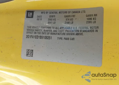 2011 Chevrolet Camaro 2Ls z USA, uszkodzony, nr VIN 2G1FA1ED1B9108251